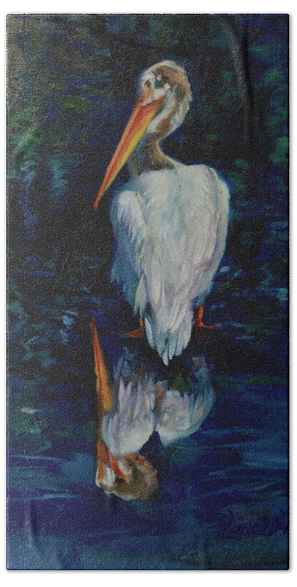 Pelican Hand Towel featuring the painting Pelican Puddle by Laurie Snow Hein
