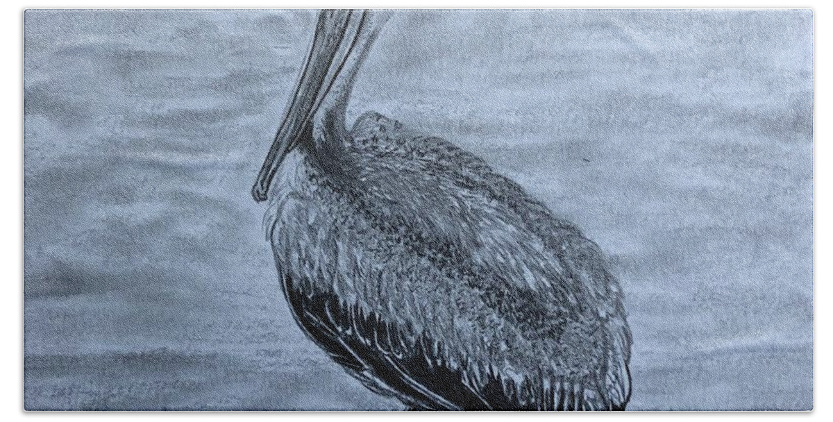 Pelican Bath Towel featuring the drawing Pelican Watch by Tony Clark