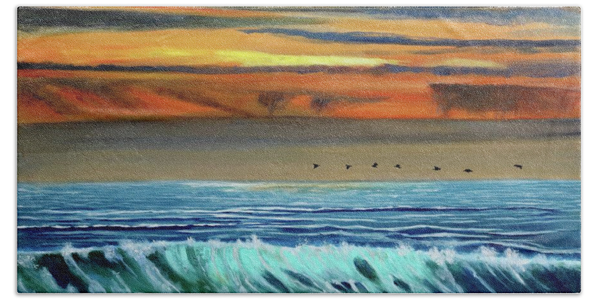 Oil Painting Bath Towel featuring the painting Pelicans Flying Home by Carole Sluski