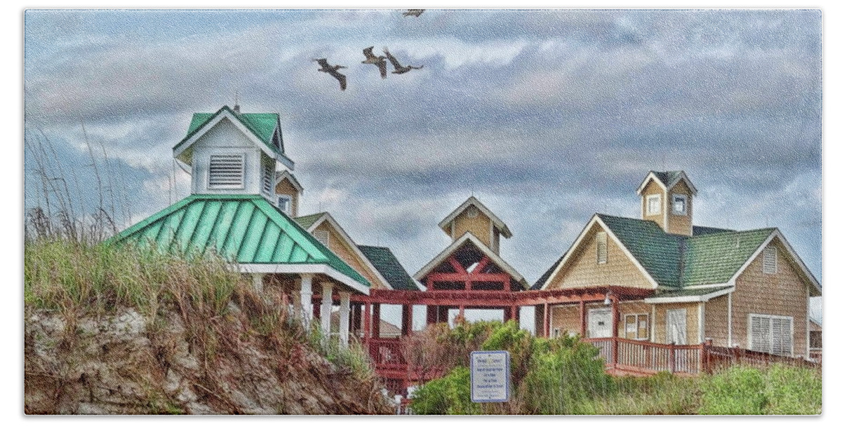Beach Bath Towel featuring the photograph Pelicans over St. James Beach Club by Don Margulis