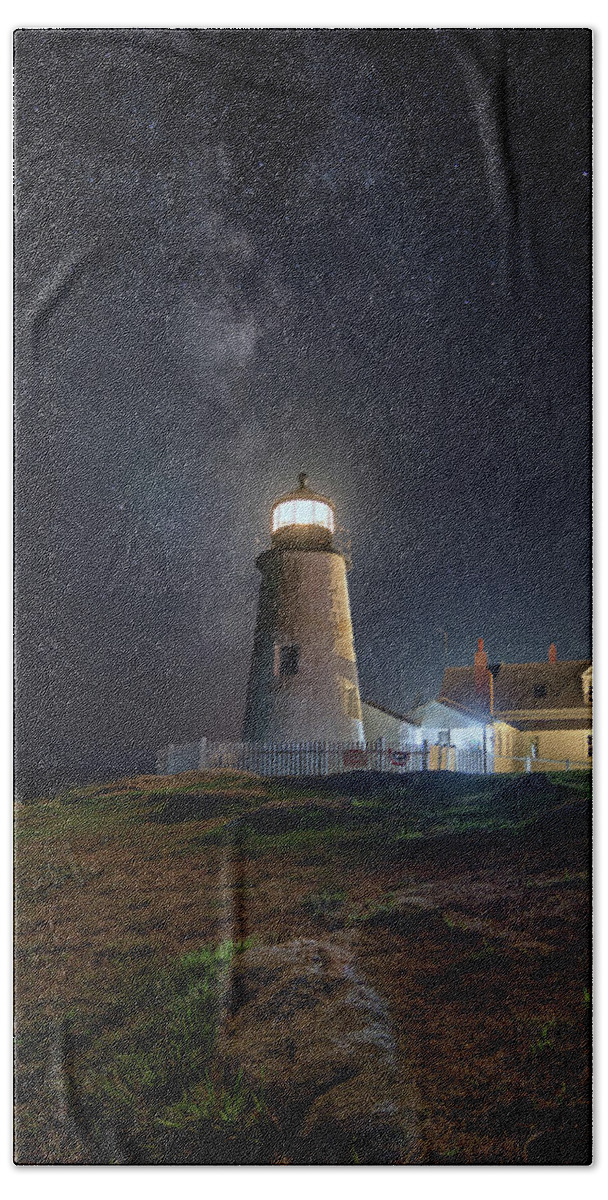 Pemaquid Point Lighthouse Hand Towel featuring the photograph Pemaquid Point and the Milky Way by Kristen Wilkinson