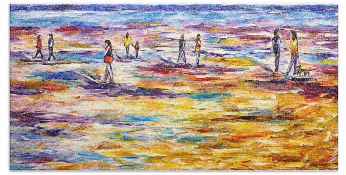 Beach Abstract Bath Towel featuring the painting People On The Beach by Mirek Kuzniar