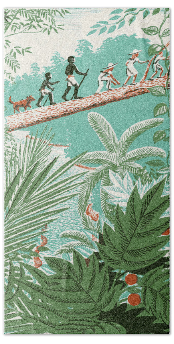 Adventure Hand Towel featuring the drawing People Walking on a Log in the Jungle by CSA Images