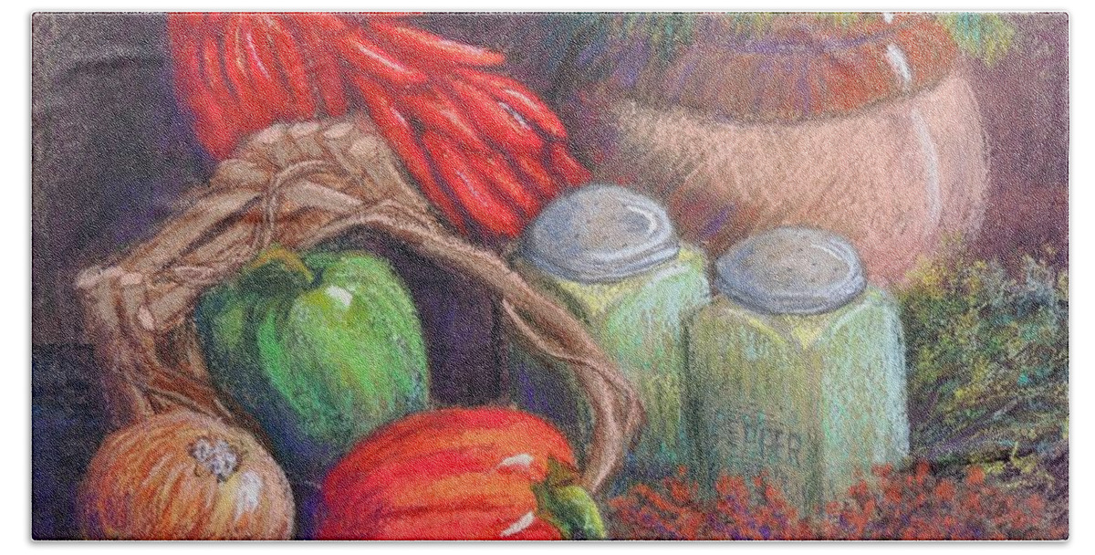 Still Life Bath Towel featuring the pastel Peppers, Etc. by Candy Mayer