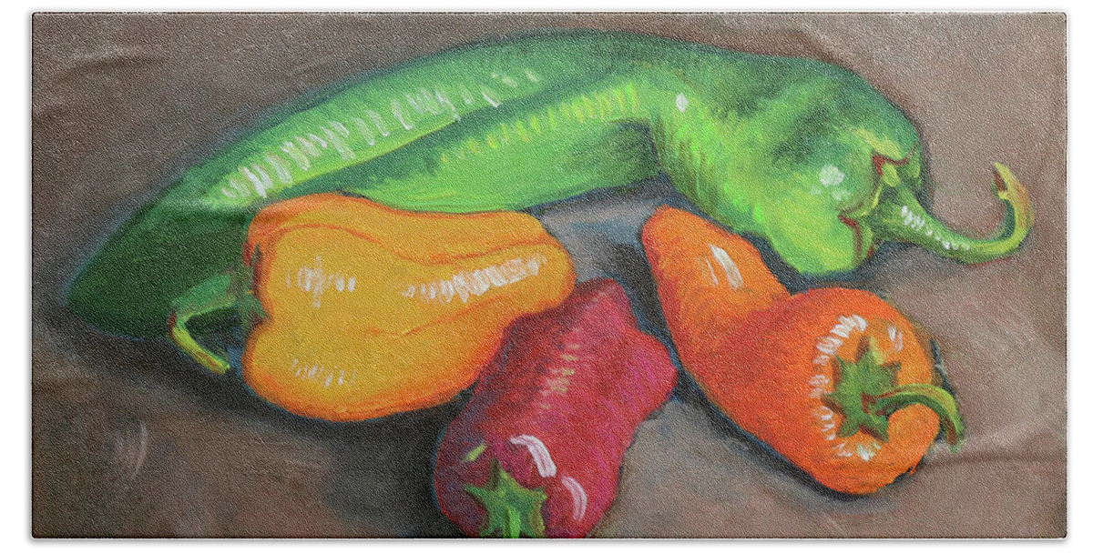 Pepper Bath Towel featuring the painting Peppers by Kevin Hughes