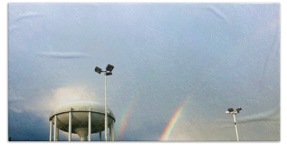 Rainbow Hand Towel featuring the photograph Perry Hall Double Rainbow by Chris Montcalmo