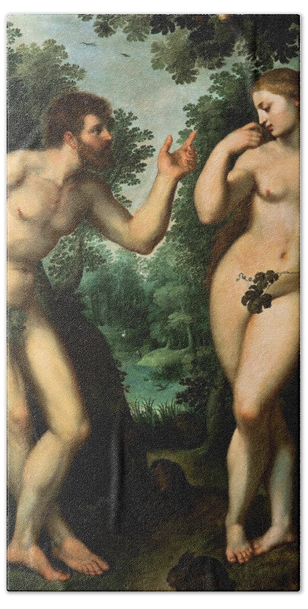 Adam Hand Towel featuring the painting Peter Paul Rubens / 'Adam and Eve', c. 1597, Oil on panel, 180 x 158 cm. EVA AMARAL . by Peter Paul Rubens -1577-1640-