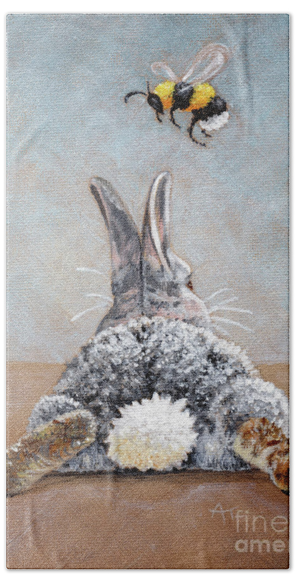 Rabbit Bath Towel featuring the painting Peter's Bunny Tail Rabbit Painting by Annie Troe