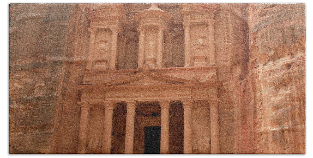 Petra Bath Towel featuring the photograph Petra, Jordan - The Treasury by Richard Krebs