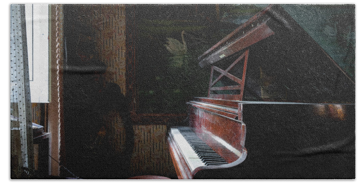 Urban Bath Towel featuring the photograph Piano in the Dark by Roman Robroek
