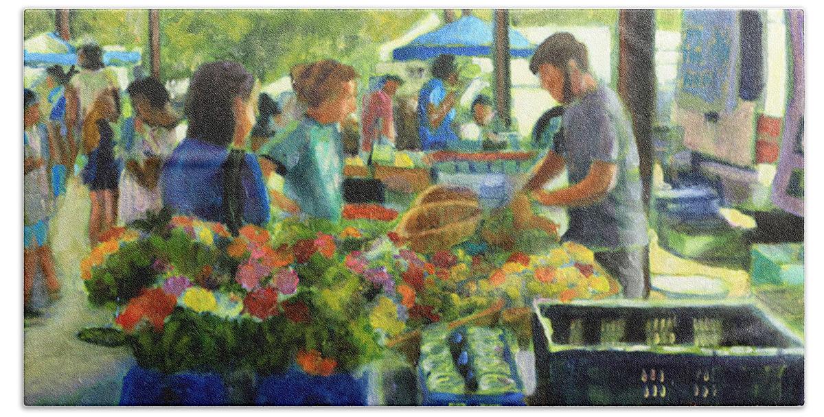 Farmer's Market Bath Towel featuring the painting Picking Up The Order by David Zimmerman