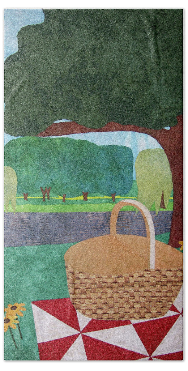 Art Quilt Bath Towel featuring the tapestry - textile Picnic at Ellis Pond by Pam Geisel