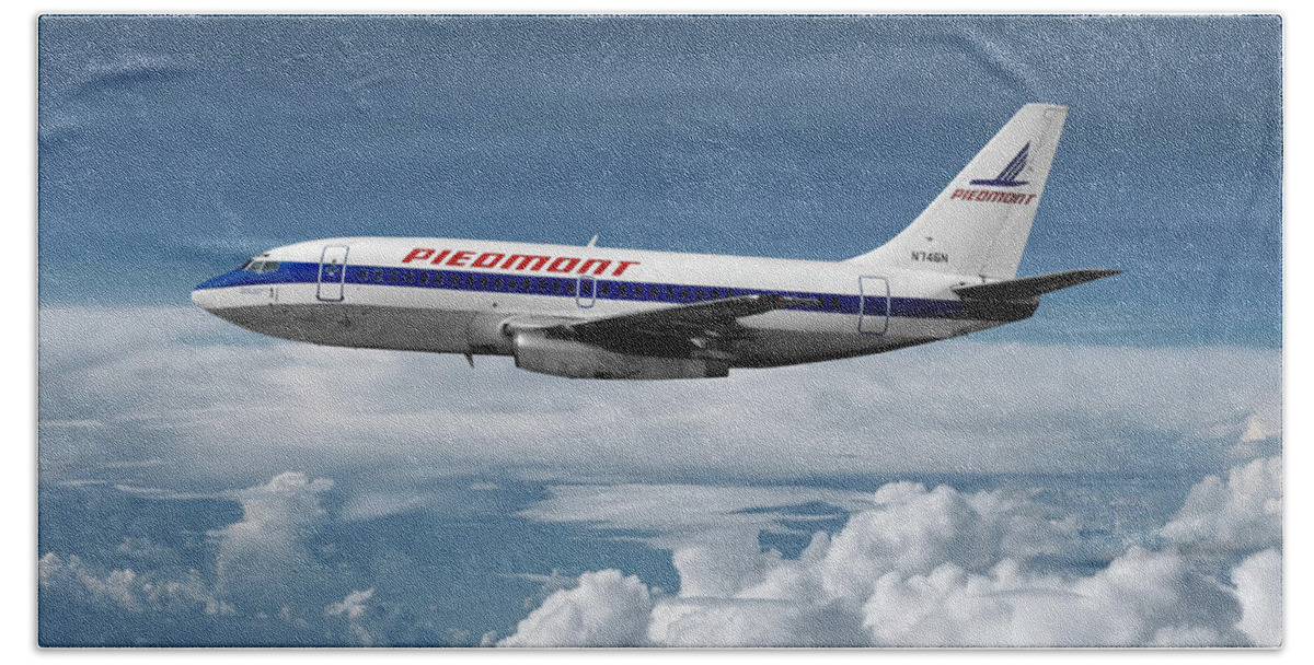 Piedmont Airlines Hand Towel featuring the mixed media Piedmont Airlines Boeing 737 by Erik Simonsen