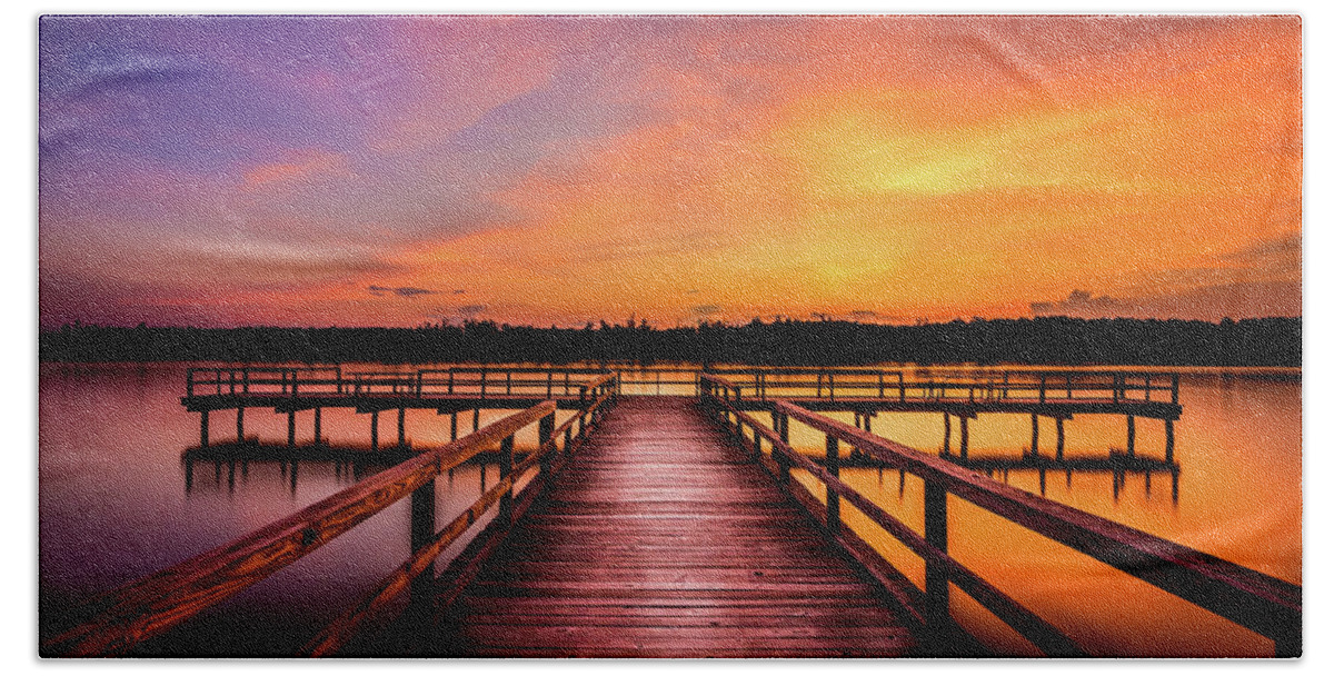 Lake Hand Towel featuring the photograph Pier At Sunset by Jordan Hill