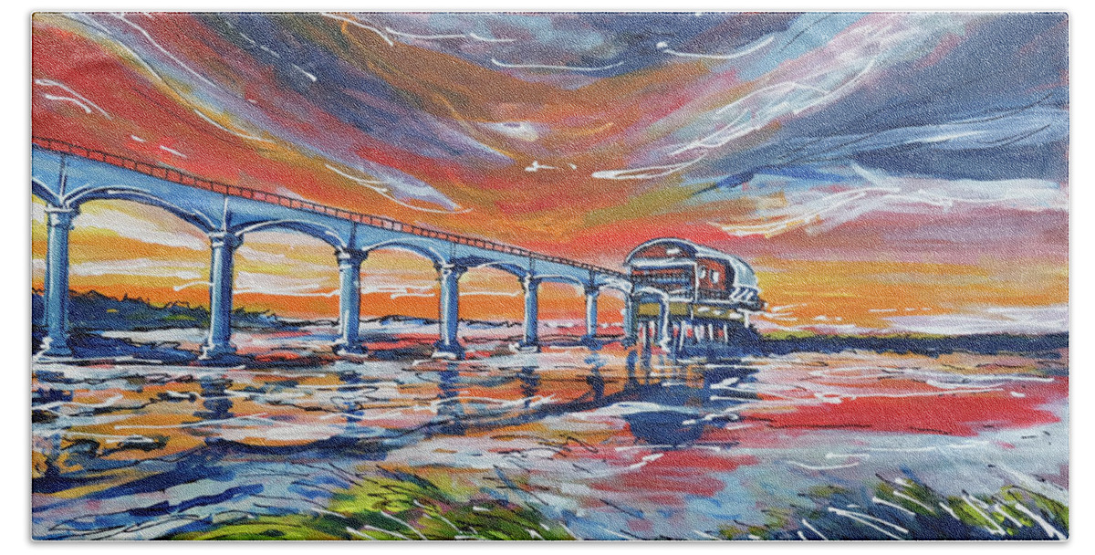 Sunset Hand Towel featuring the painting Piering at Bembridge by Laura Hol Art