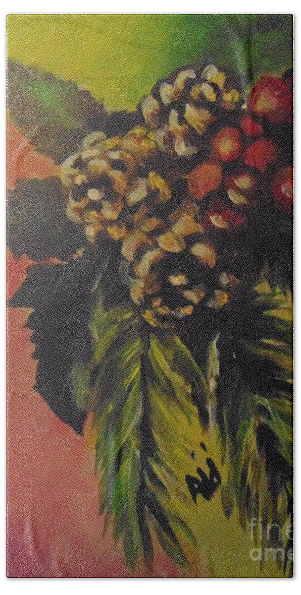 Christmas Hand Towel featuring the painting Pine Cones and Berries by Saundra Johnson