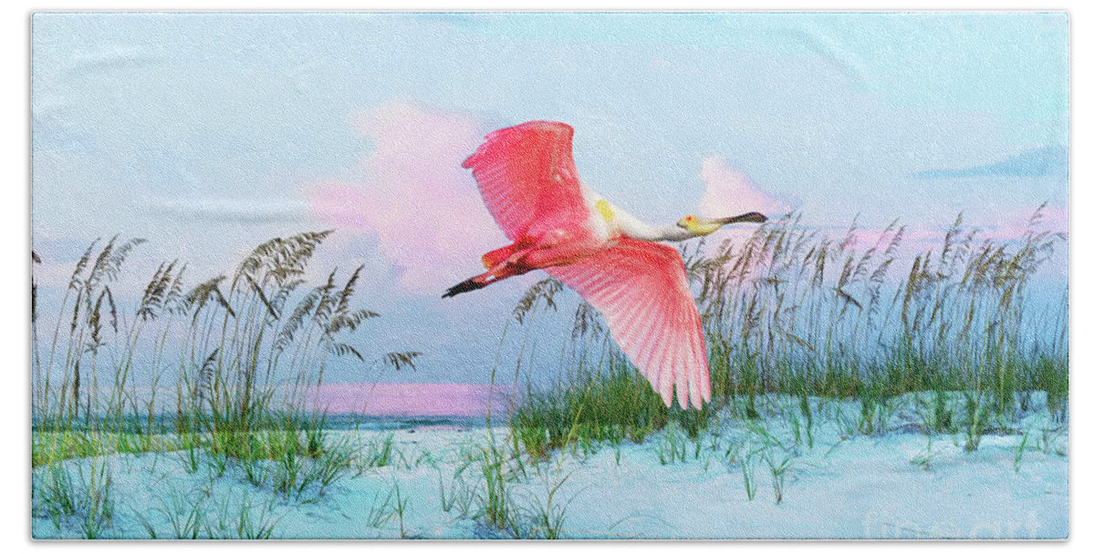 Roseate Spoonbill Hand Towel featuring the photograph Pink Burst of the Roseate Spoonbill by Laura D Young