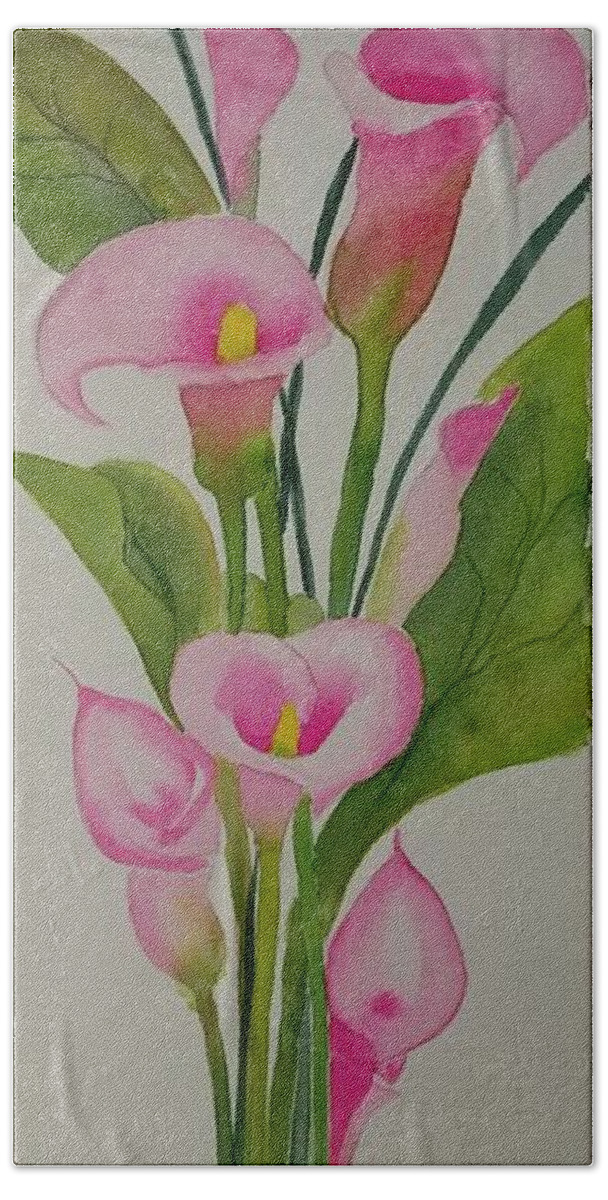 Bouquet Of Lillies Bath Towel featuring the painting Pink Calla Lillies by Ann Frederick