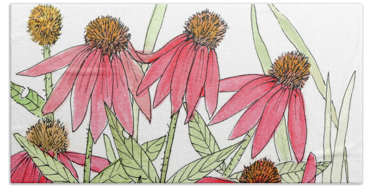 Pink Coneflower Bath Towel featuring the painting Pink Coneflowers Gather Watercolor by Laurie Rohner