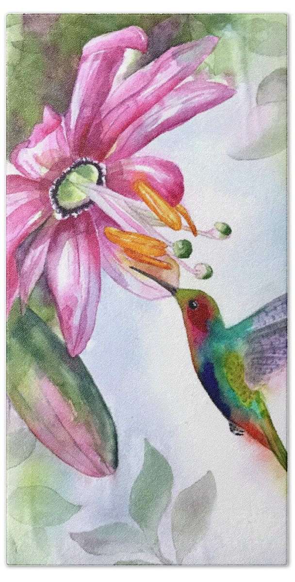 Pink Hand Towel featuring the painting Pink Flower for Hummingbird by Hilda Vandergriff