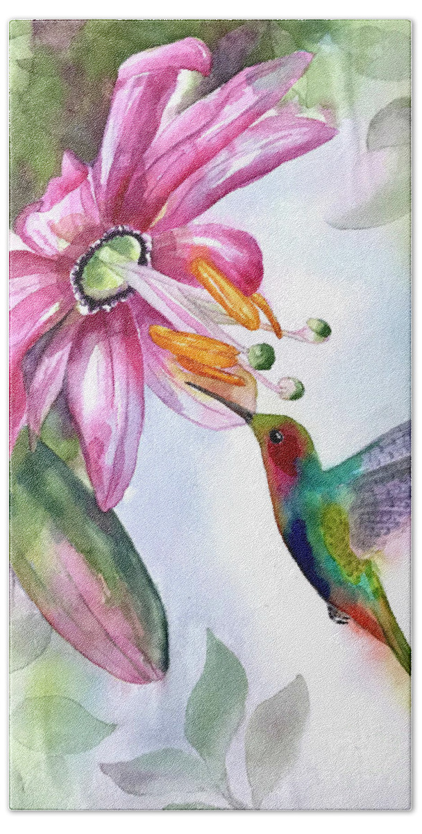 Pink Bath Towel featuring the painting Pink Flower for Hummingbird by Hilda Vandergriff