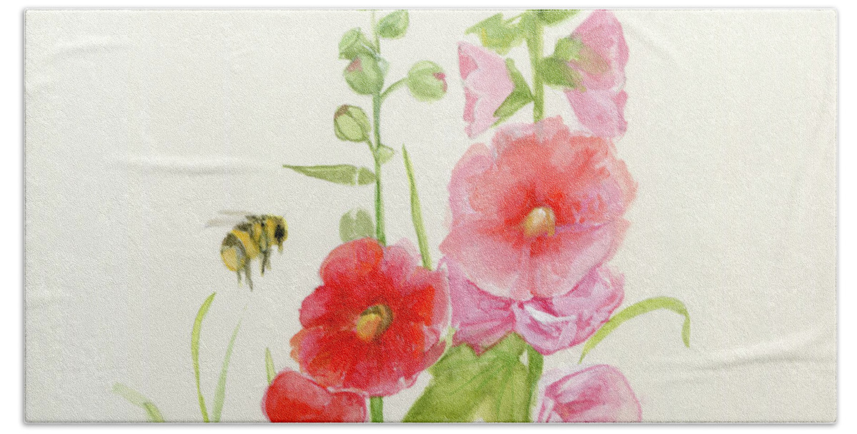 Flowers Hand Towel featuring the painting Pink Hollyhock Watercolor by Laurie Rohner