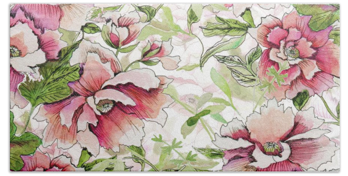 Peony Bath Towel featuring the painting Pink Peony Blossoms by Sand And Chi