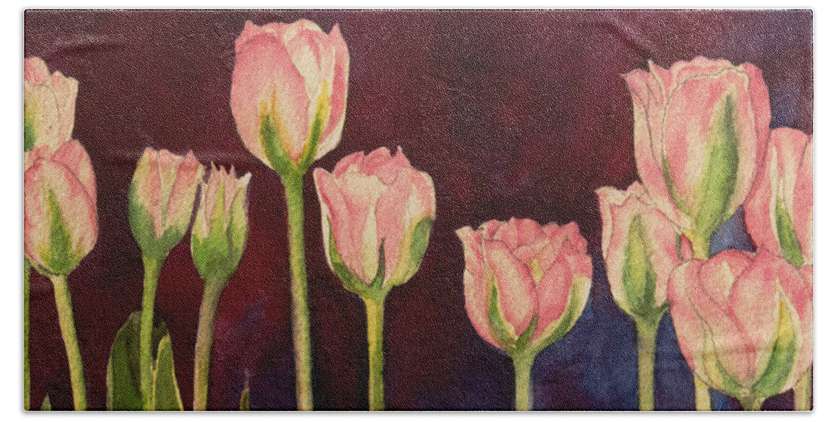 Floral Bath Towel featuring the painting Pink Tulips detail by Heidi E Nelson