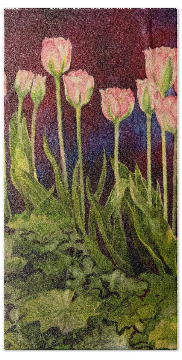 Floral Bath Towel featuring the painting Pink Tulips by Heidi E Nelson