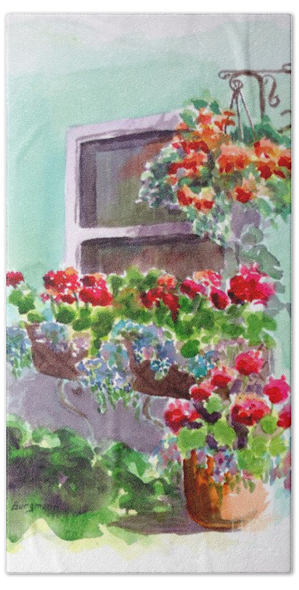 Flowers Hand Towel featuring the painting Plein Air Geraniums by Petra Burgmann