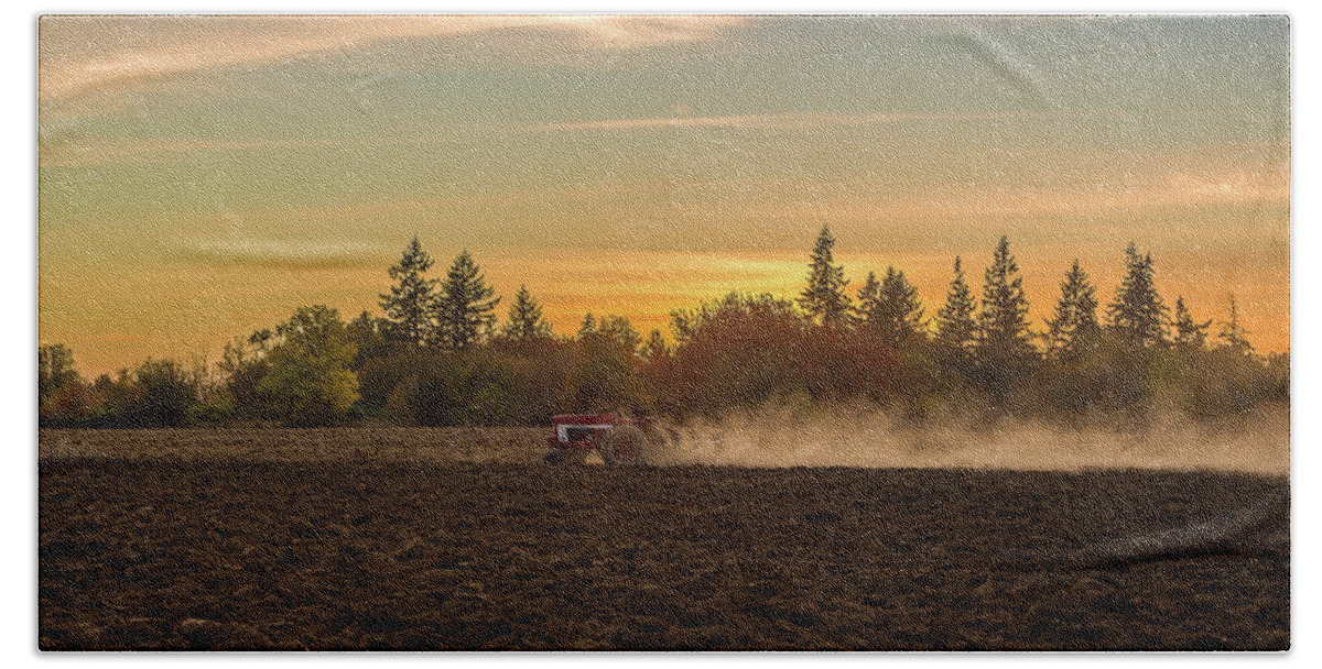 Willamette Valley Hand Towel featuring the photograph Plowing at sunset by Ulrich Burkhalter