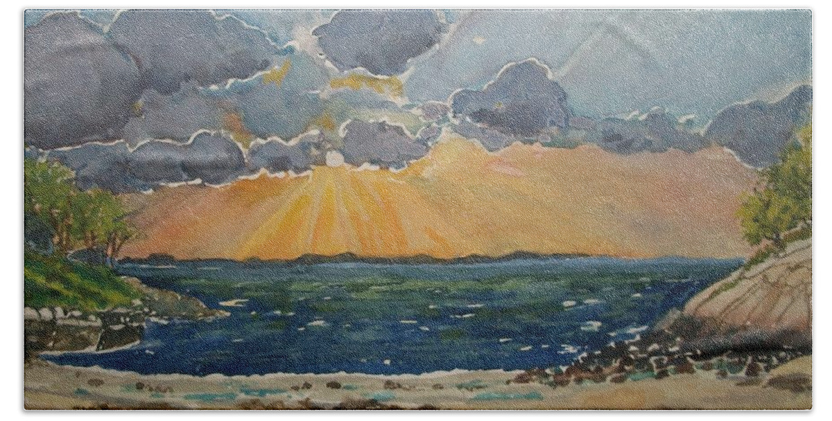 Beach Bath Towel featuring the painting Plum Cove Sunset 1 by Judith Young