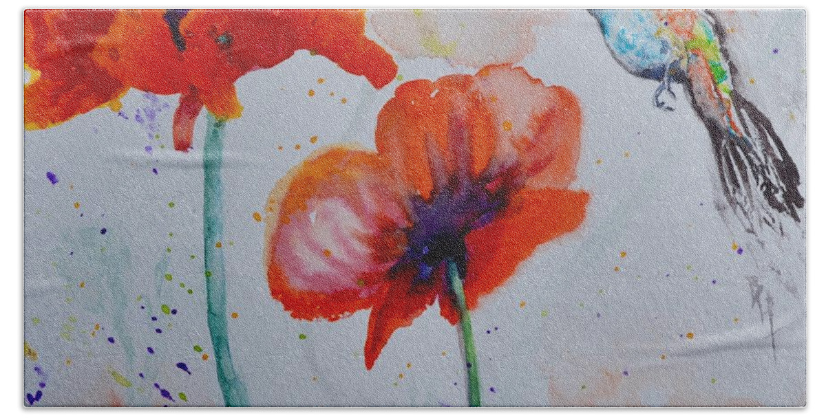 Hummingbird Bath Towel featuring the painting Plumage And Poppies by Beverley Harper Tinsley