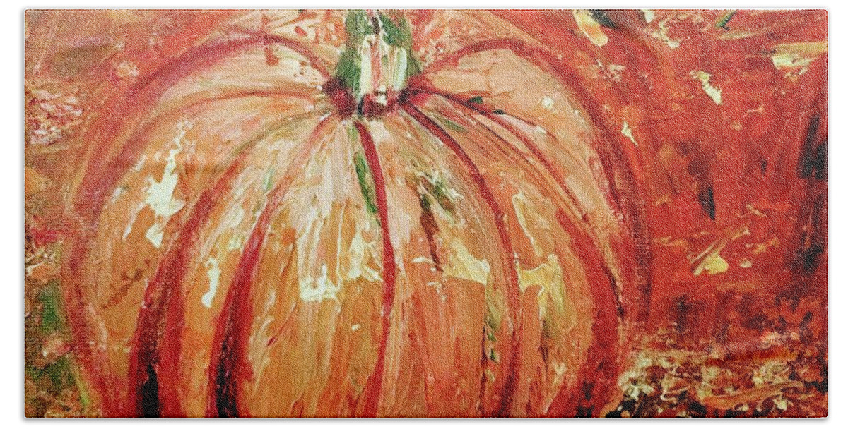 Pumpkin Bath Towel featuring the painting Plump Pumpkin by Raji Musinipally