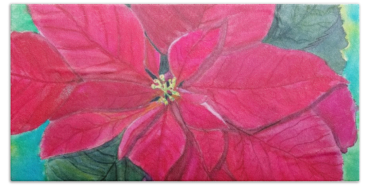 Cristmas Hand Towel featuring the painting Poinsettia Glow by Ann Frederick