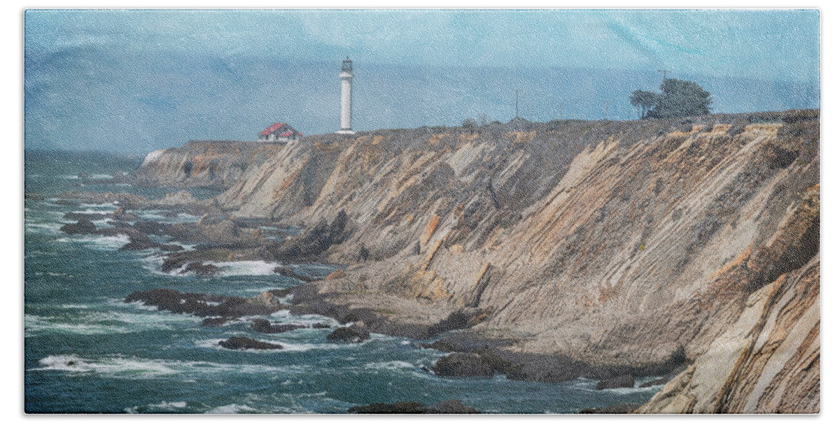 Joan Carroll Bath Towel featuring the photograph Point Arena Lighthouse California Textured by Joan Carroll