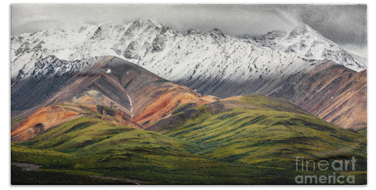 Polychrome Mountain Hand Towel featuring the photograph Polychrome mountain, Denali NP, Alaska by Lyl Dil Creations