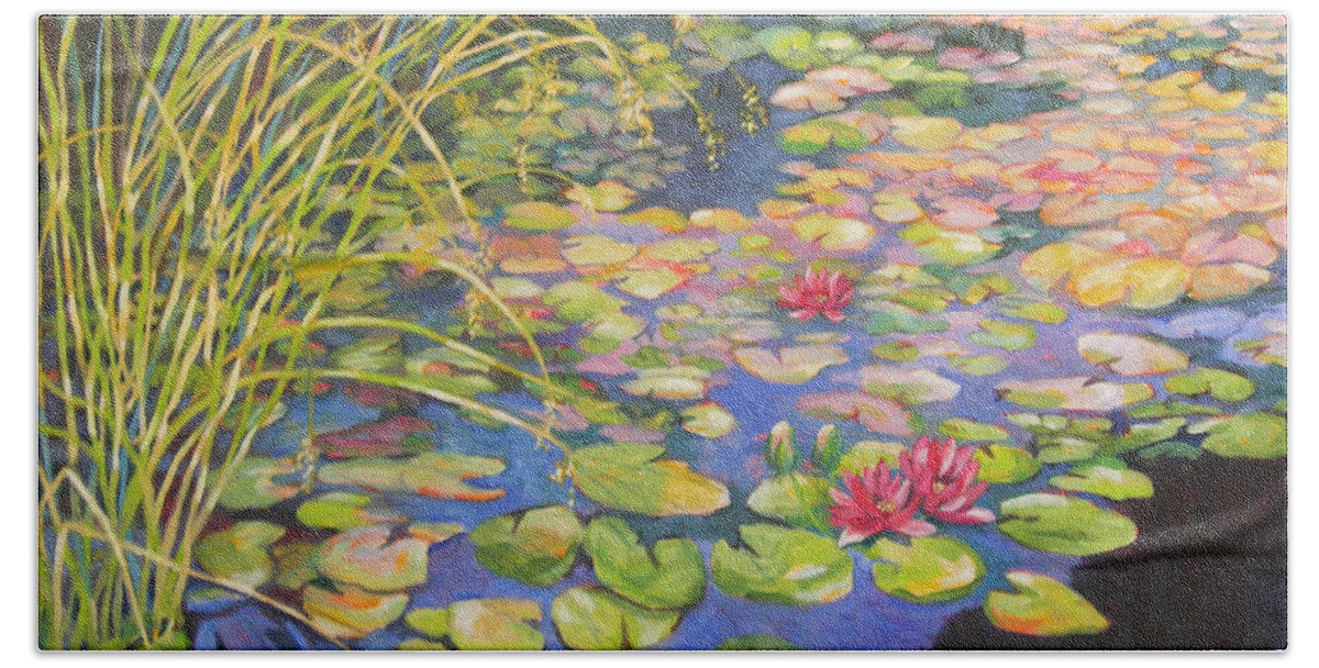 Top Artist Bath Towel featuring the painting Pond 3 Pond Series by Sharon Nelson-Bianco