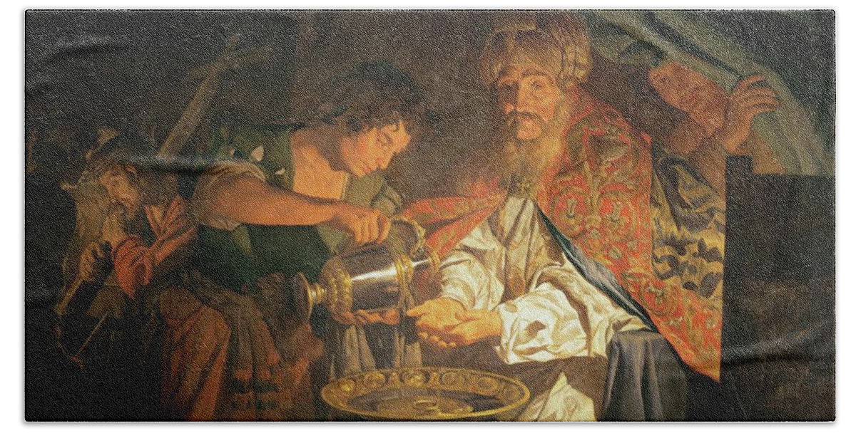 Mathias Stomer Hand Towel featuring the painting Pontius Pilatus washing his hands. Canvas, 153 x 205 cm INV 1363. by Matthias Stom -c 1600-despues 1652-