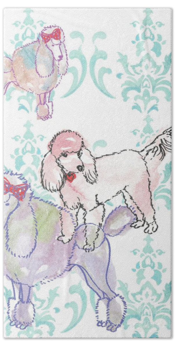 Poodles Hand Towel featuring the mixed media Poodles by Anna Platts