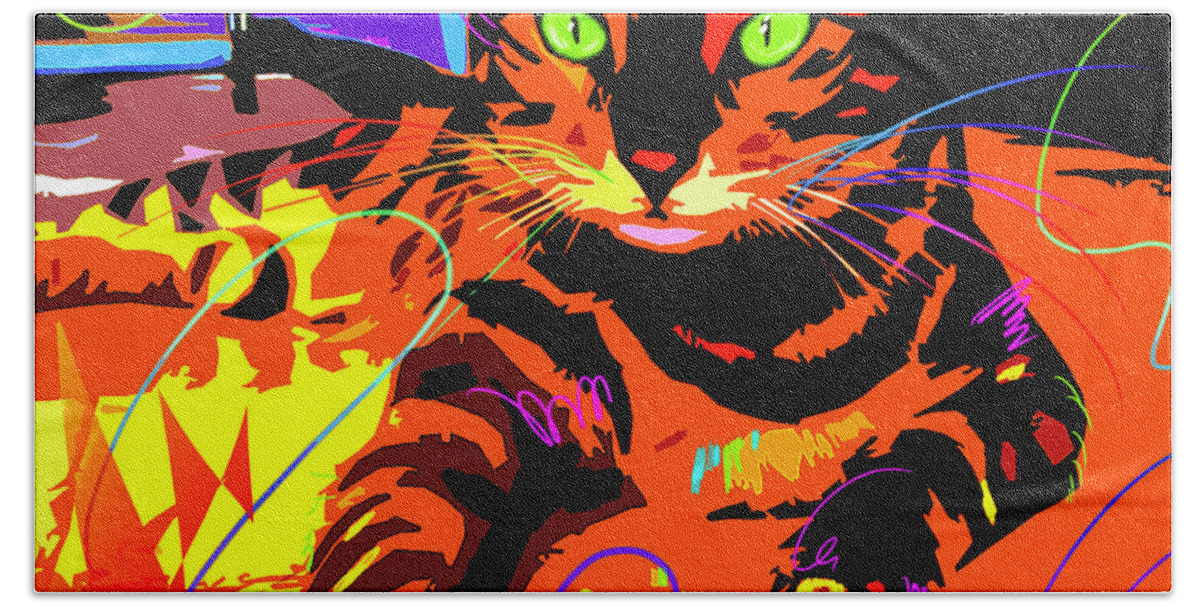 Bengal Bath Towel featuring the painting POP CAT Bengal by DC Langer