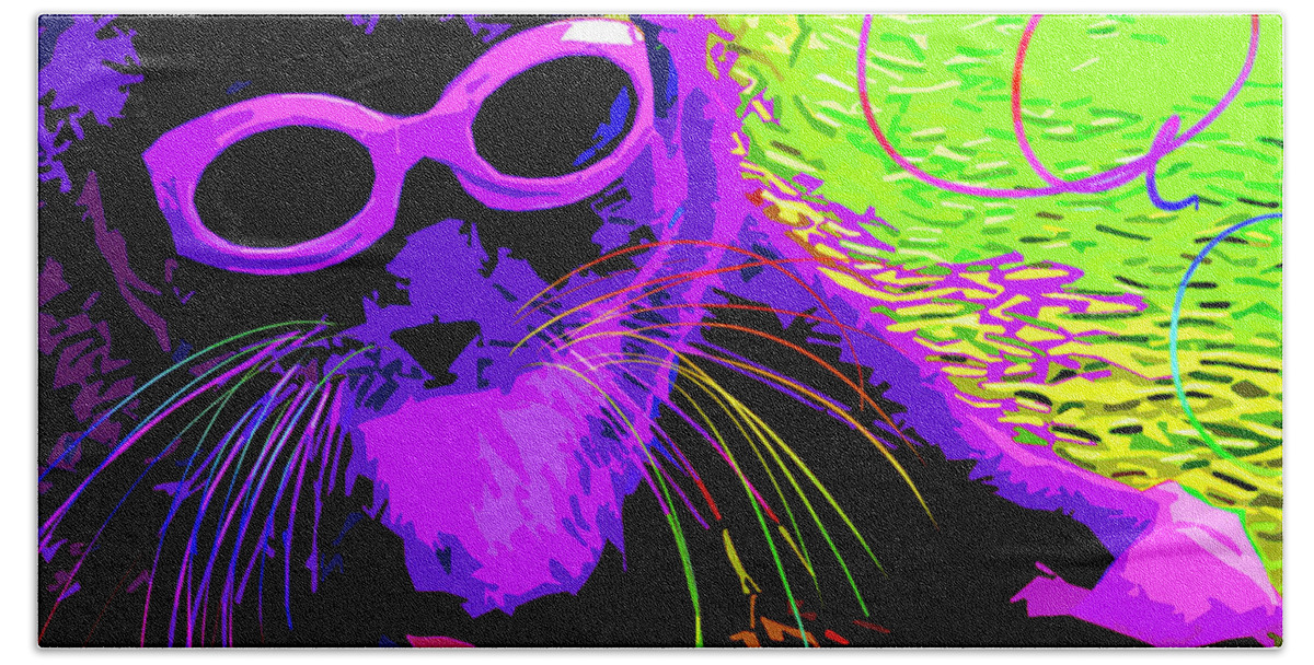 Curly Hand Towel featuring the painting pOpCat Curly by DC Langer