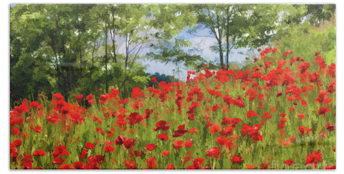 Flowers Bath Towel featuring the digital art Poppies and Trees by Lisa Lemmons-Powers