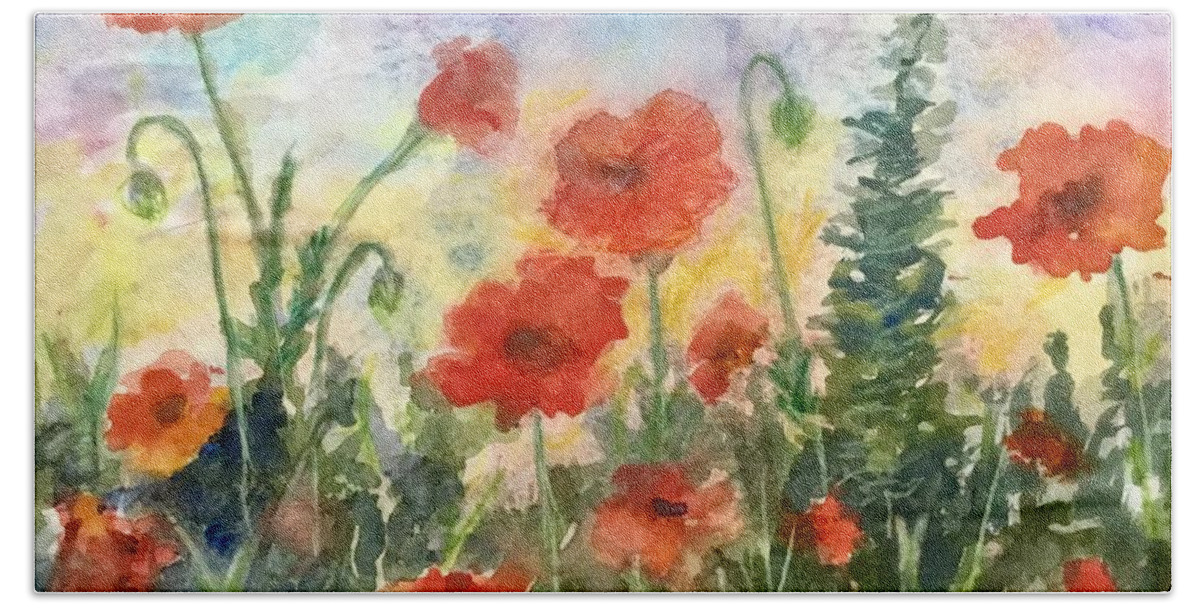 Sunrise Bath Towel featuring the painting Poppy Garden by Cheryl Wallace