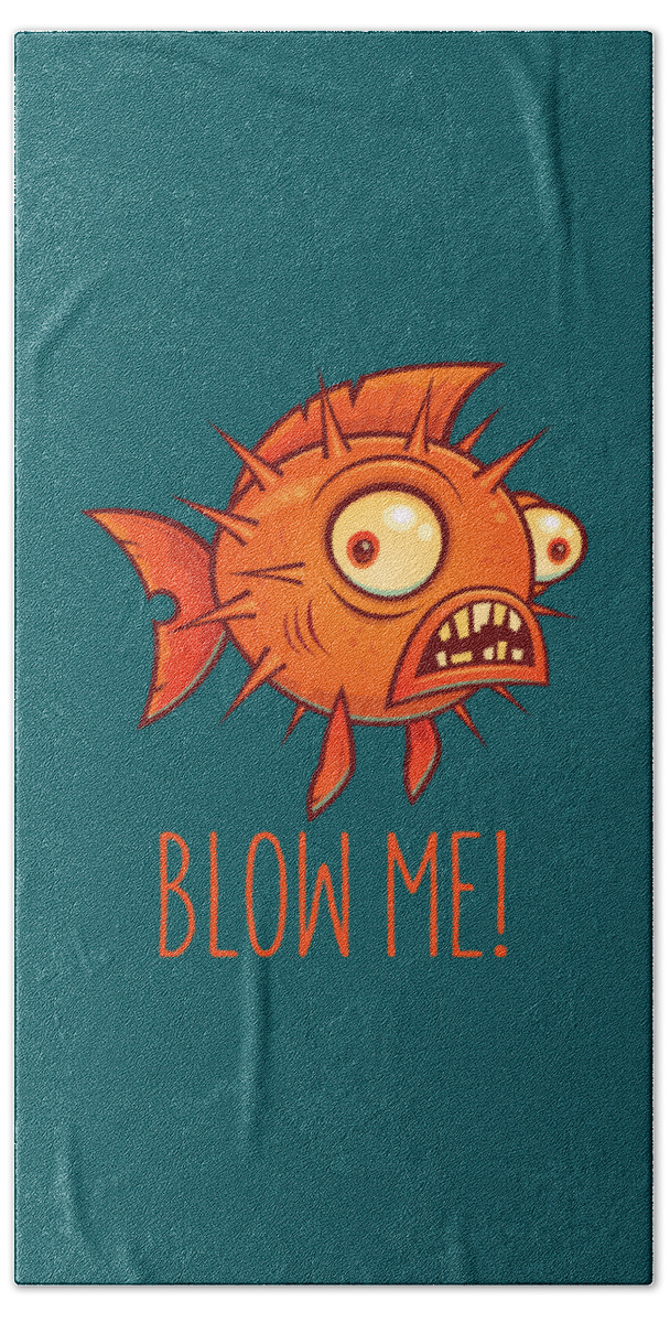 Pufferfish Hand Towel featuring the digital art Porcupine Blowfish Cartoon - Blow Me by John Schwegel