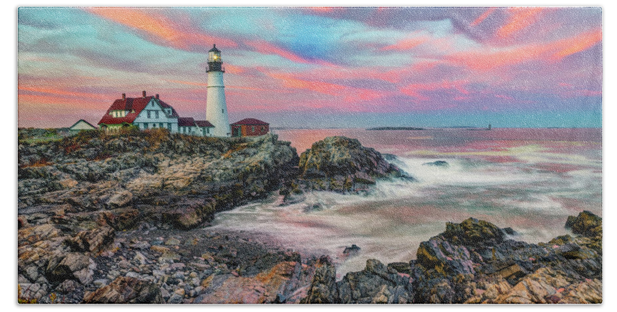 Portland Head Light Hand Towel featuring the photograph Portland Head Light Panorama on Cape Elizabeth Maine at Sunset by Gregory Ballos