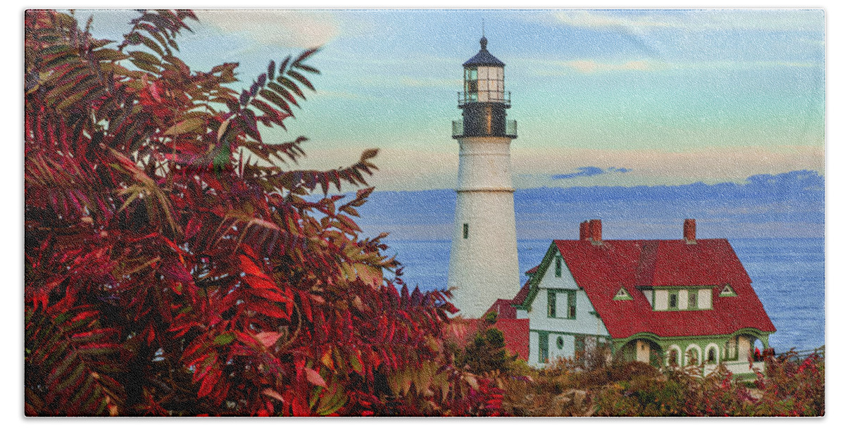 Portland Head Light Hand Towel featuring the photograph Portland Maine Lighthouse in Maine - Cape Elizabeth by Gregory Ballos