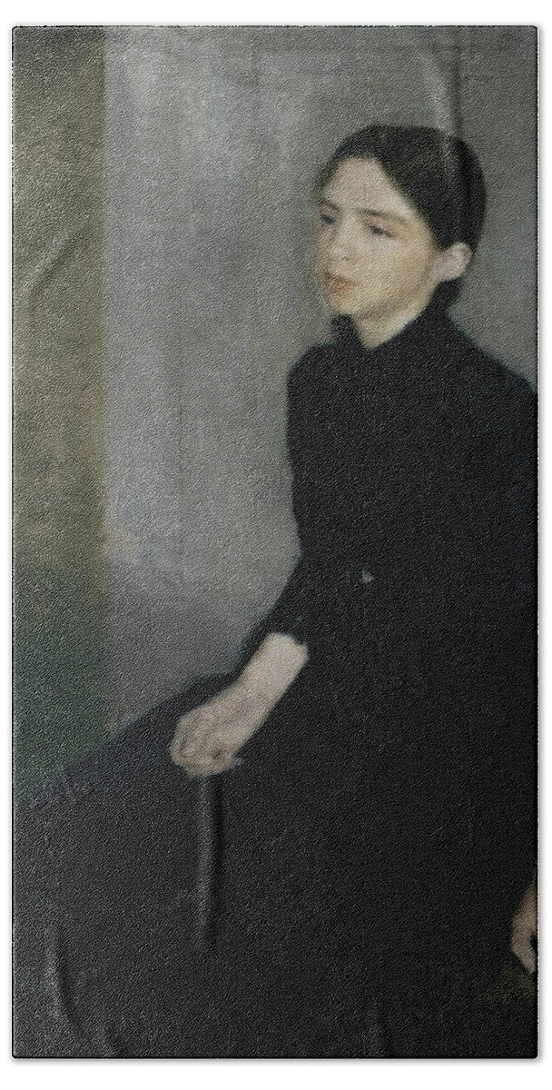 Vilhelm Hammershoi Bath Towel featuring the painting Portrait of a young woman, 1885. The artist's sister Anna Hammershoi. Oil on Canvas. 112 x 91, 5 cm. by Vilhelm Hammershoi