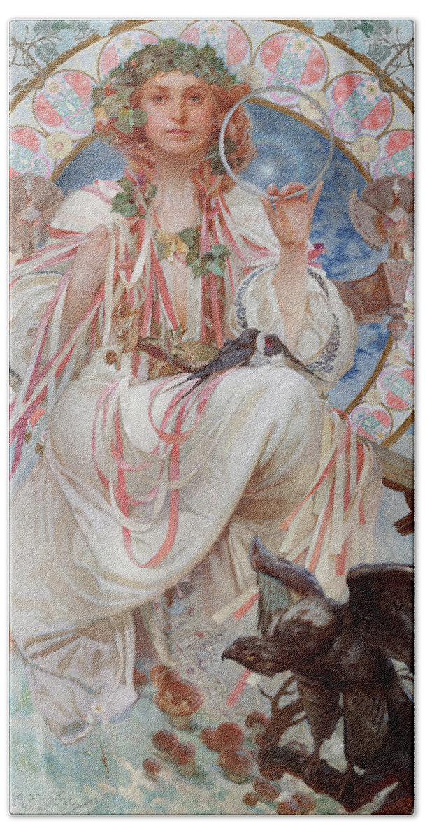 Alphonse Marie Mucha Bath Towel featuring the painting Portrait of Josephine Crane-Bradley as goddess Slavia by Alphonse Mucha
