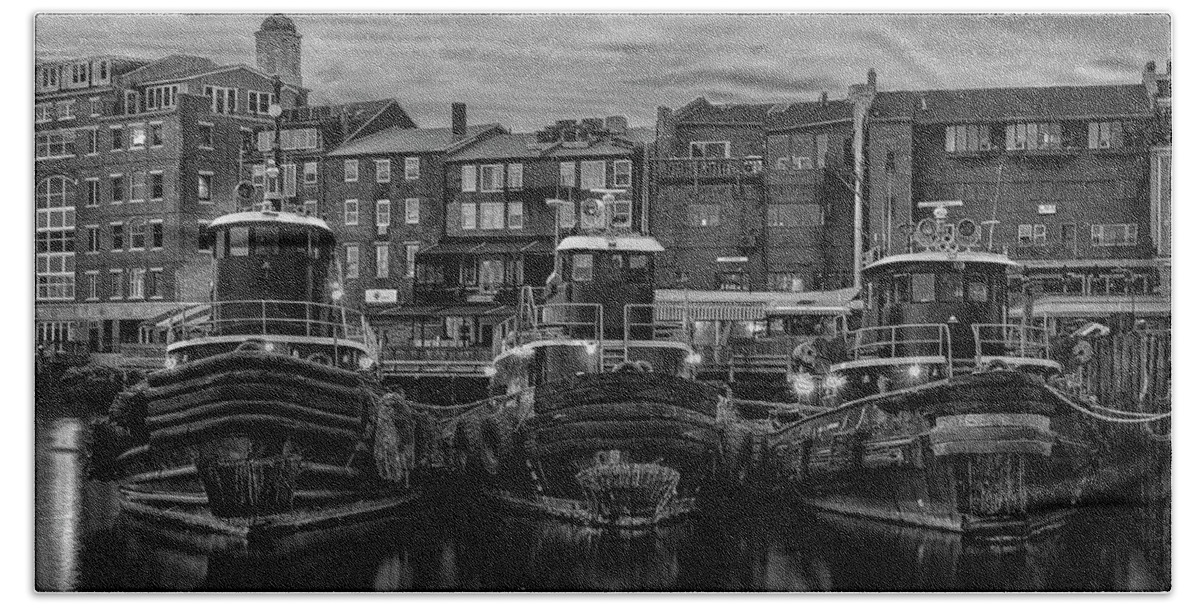 Portsmouth Bath Towel featuring the photograph Portsmouth Tugboats at Dawn in Black and White by Thomas Lavoie